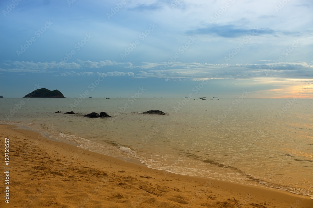 Sunrise and beach. Morning at sea beautiful, 