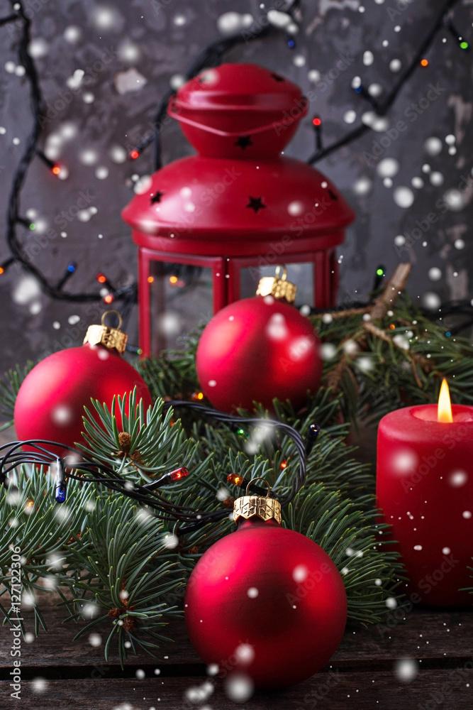 Red Christmas balls and fir branch Red Christmas balls and fir branch