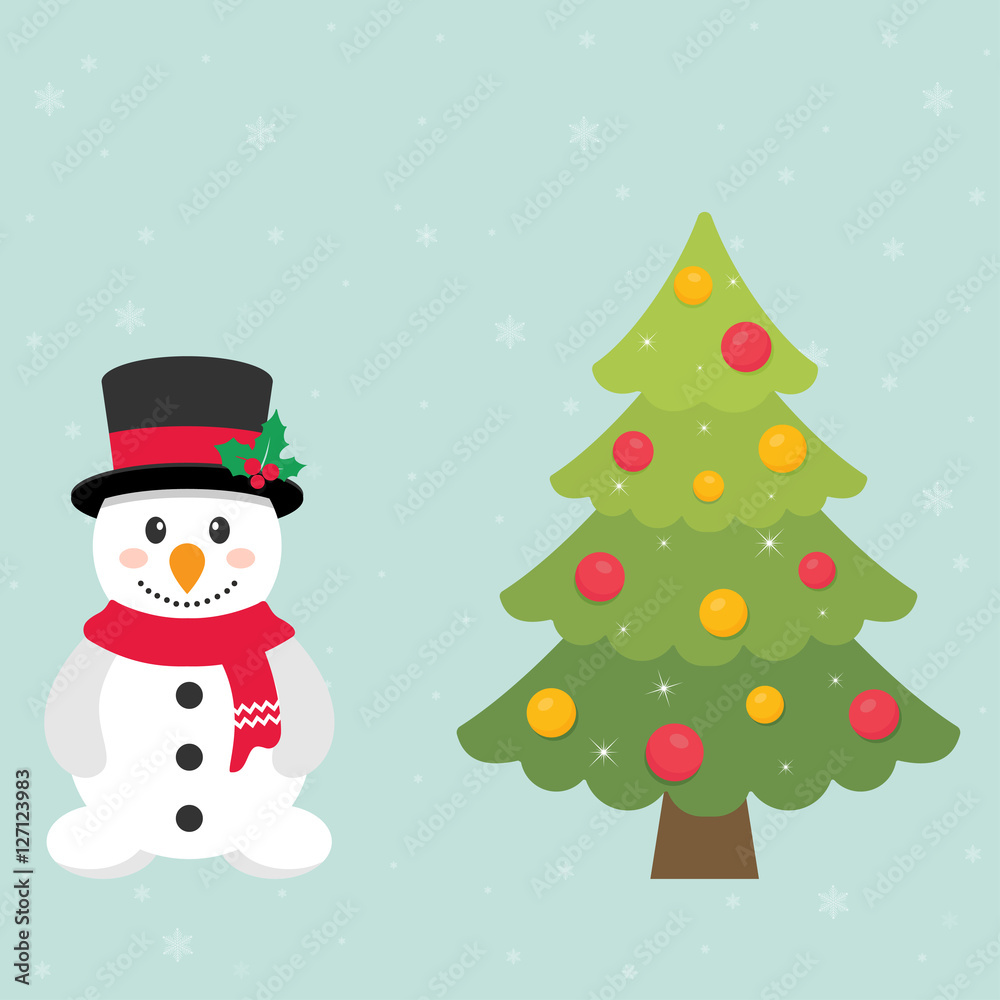cute snowman and christmas fir tree 