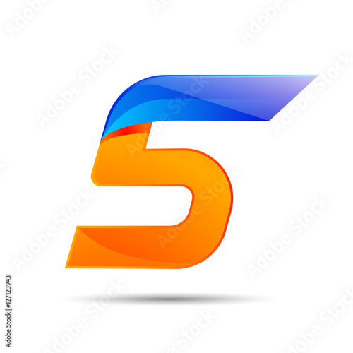 Number five 5 logo orange and blue color with fast speed lines. Vector design for banner, presentation, web page, card, labels or posters