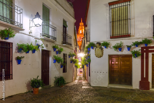 Fototapeta Naklejka Na Ścianę i Meble -  Flowers in flowerpot on the white walls on famous Flower street Calleja de las Flores in old Jewish quarter of Cordoba and Bell Tower Mezquita at night, Andalusia, Spain