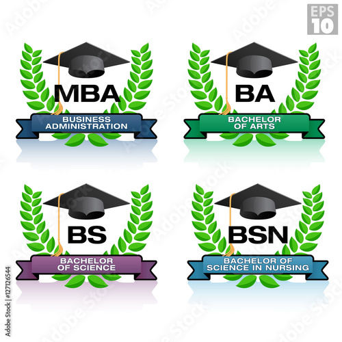 Degrees in education with wreath and graduation hat, including MBA, BA, BS, BSN