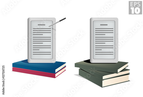Ebook reader on a stack of hardcover books