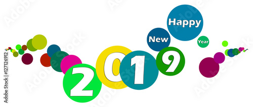 Cerchi colorati con scritta Happy New Year 2019 su sfondo bianco photo
