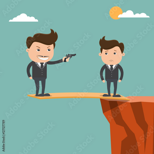 Boss and employee , Boss holding gun, standing on a cliff, Business concept - vector illustration