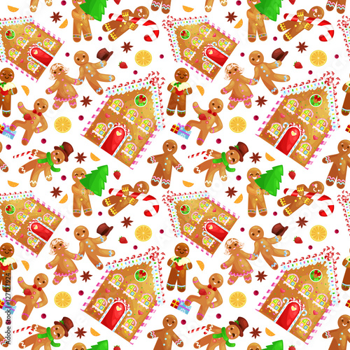 seamless pattern christmas cookies gingerbread man and girl near sweet house decorated with icing dancing and having fun in a cap with the Christmas tree and gifts, xmas sweet food vector illustration