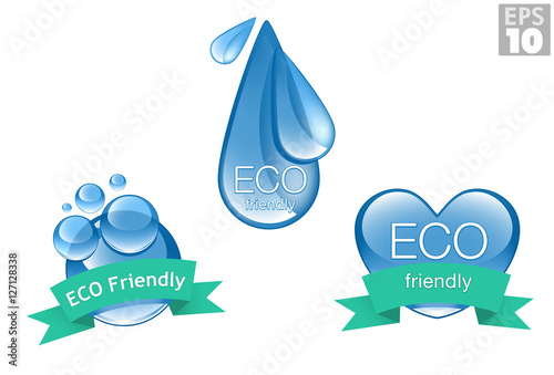 ECO environmentally friendly icons, clean bubbles, water drop, heart, logos