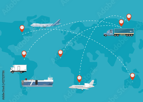 Global logistics network concept. Air cargo trucking, rail transportation, maritime shipping vector illustration. Worldwide delivery business banner. Vehicles designed to carry large numbers cargo