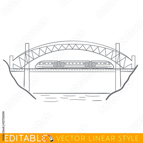 Train on bridge. Editable outline sketch illustration.