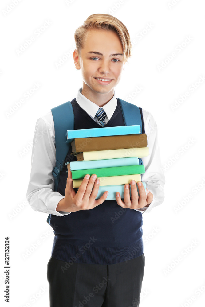 Cute teenager with textbooks on white background Cute teenager with textbooks on white background