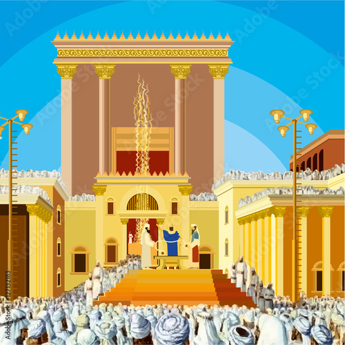 Jerusalem Temple. A scene of a Jewish King long ago in the era of the second Temple in Jerusalem called Hakhel. The Jewish festival of Sukkot. vector clipart photo