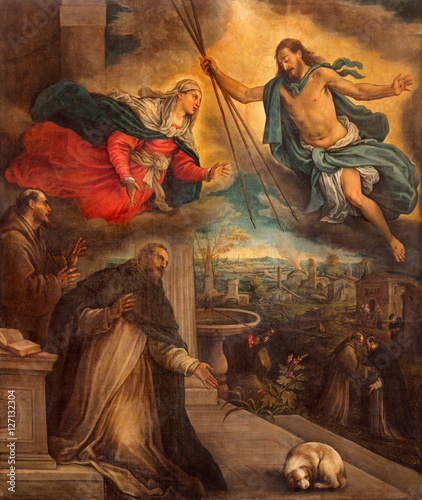 TREVISO, ITALY - MARCH 18, 2014: Jesus with the flash and Mary and the scenes from life of St. Francis of Asissi and St. Dominic in Saint Nicholas or San Nicolo church by unknown artist of 18. cent.