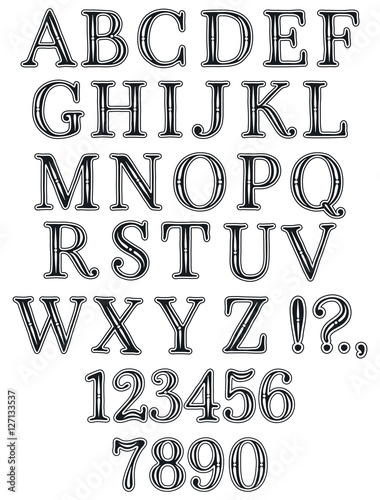 Handwritten vintage font. Retro black and white hand drawn letters and numbers.  Doodle typographic symbols.