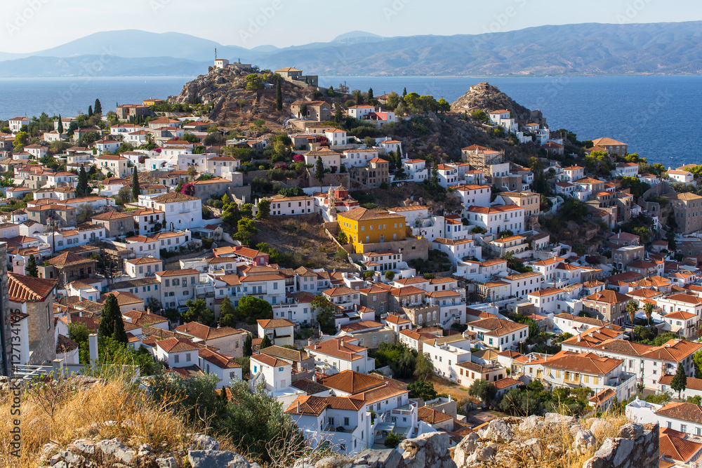 View of hill and houses on Hydra island, Greece.