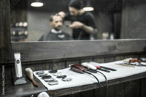 Accessories of hairdresser in barbershop
