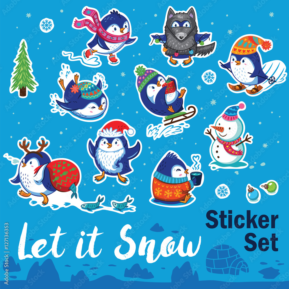 Snow sticker set with cartoon penguins, snowman and snowflakes Snow sticker set with cartoon penguins, snowman and snowflakes