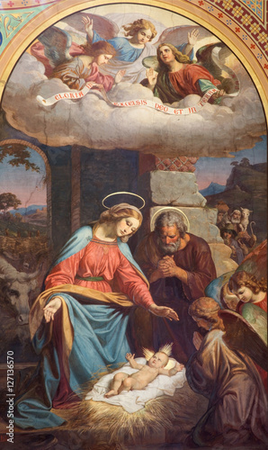 VIENNA - JULY 27:  Fresco of Nativity scene by Karl von Blaas from 19. cent. in nave of Altlerchenfelder church on July 27, 2013 Vienna.
