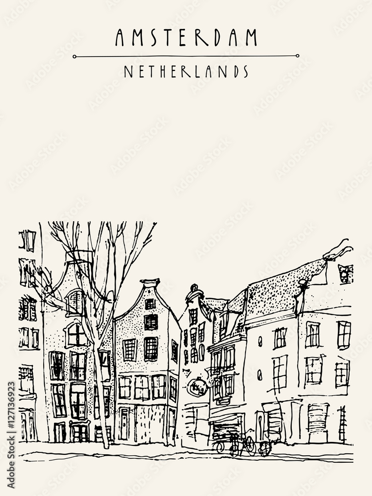 Amsterdam, Holland, Netherlands Europe. Old center, a boat. Dutch traditional historical buildings. Typical Dutch houses. Hand drawing. Travel sketch. Book illustration, postcard or poster