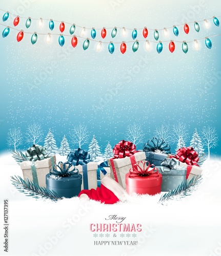 Holiday Christmas background with a gift boxes and a garland. Ve
