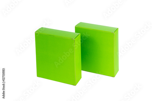 Two Green Box with lid open or green paper package box isolated