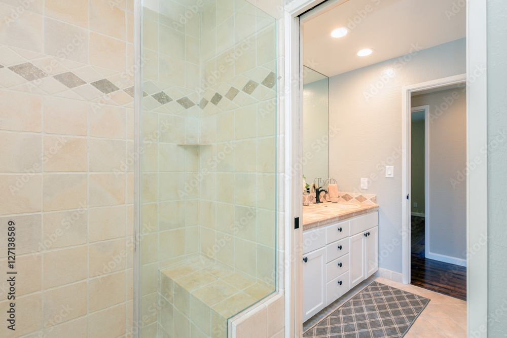 Modern bathroom interior with glass door shower Modern bathroom interior with glass door shower