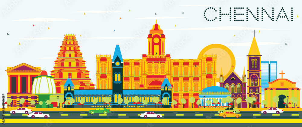 Chennai Skyline with Color Landmarks and Blue Sky.