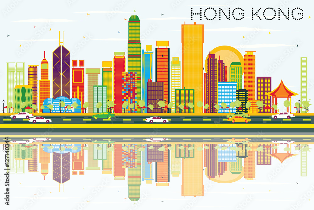 Abstract Hong Kong Skyline with Color Buildings, Blue Sky and Reflections Abstract Hong Kong Skyline with Color Buildings, Blue Sky and Reflections