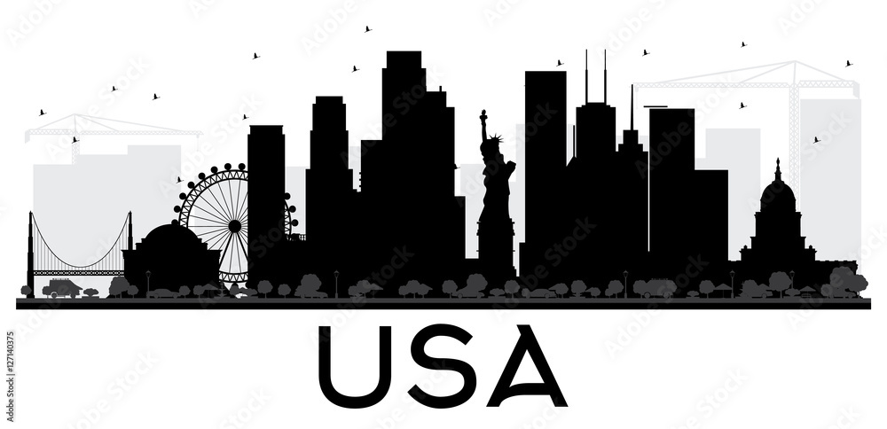 USA City skyline black and white silhouette.