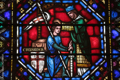 Blessing of crusader. Stained glass window. St. Bartholomew's Episcopal Church.