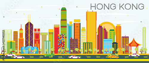 Abstract Hong Kong Skyline with Color Buildings and Blue Sky.