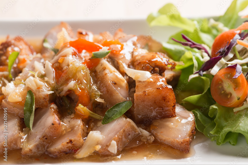 Deep fried pork Chinese Style belly with spicy sauce Deep fried pork Chinese Style belly with spicy sauce