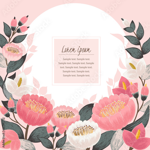 Vector illustration of a beautiful floral border with spring flowers. Pink background
