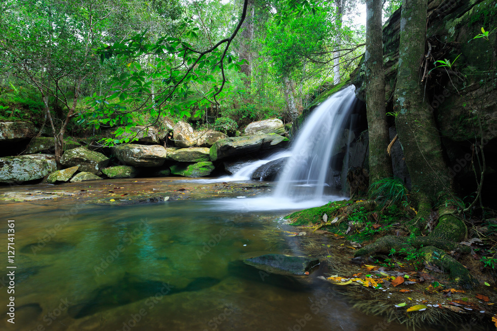 The landscape photo, beautiful rainforest waterfall in deep forest at Phu Kradueng National Park in Thailand The landscape photo, beautiful rainforest waterfall in deep forest at Phu Kradueng National Park in Thailand