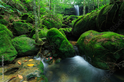 The landscape photo, beautiful rainforest waterfall in deep forest at Phu Kradueng National Park in Thailand photo