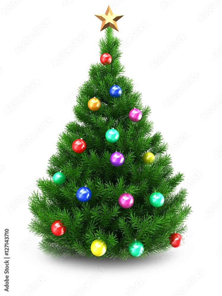 3d illustration of green Christmas tree over white background with star and colorful balls 3d illustration of green Christmas tree over white background with star and colorful balls