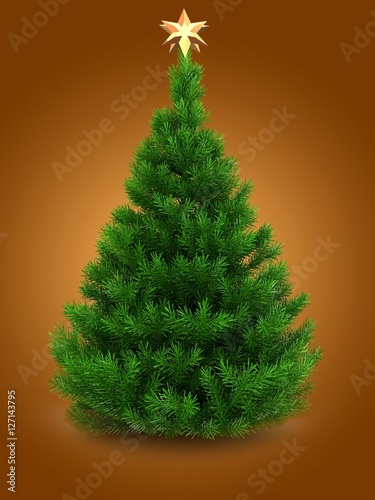 3d illustration of green Christmas tree over orange background with star and golden star