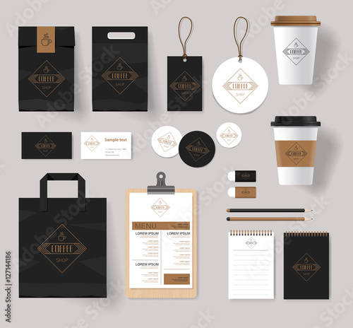corporate branding identity mock up template for coffee shop and restaurant. with card, menu, packaging, vector  photo