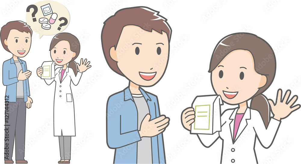 Female pharmacist and young man Female pharmacist and young man