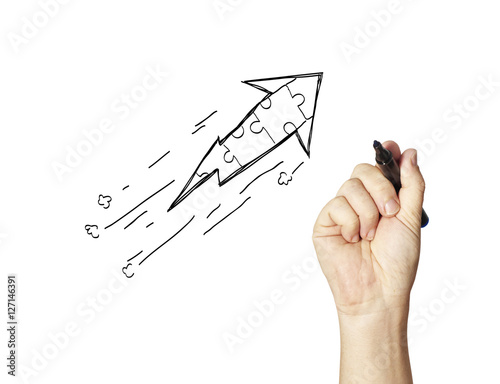 Male hand drawing a chart isolated on white background