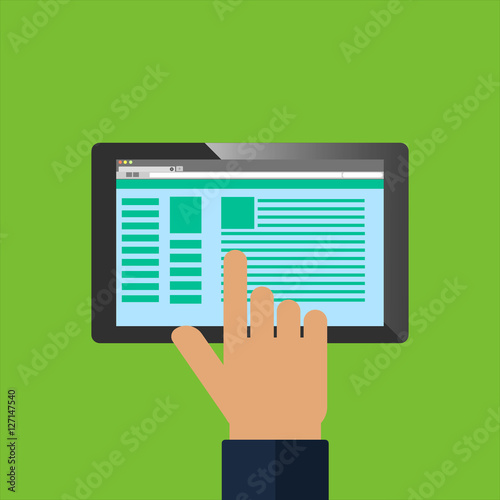Tablet PC and human hand. Flat style vector illustration