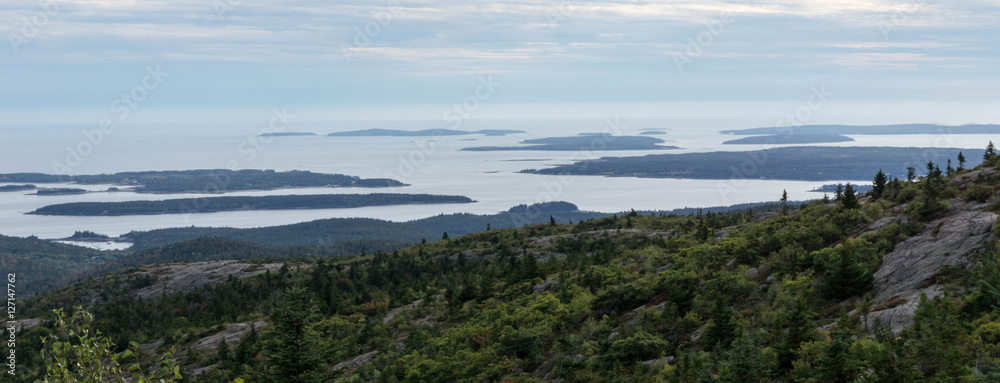 a view of the islands off the coast of Acadia National Park in Maine as seen from Cadillac mountain