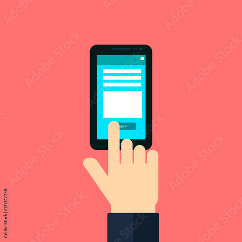 Smartphone and human hand. Flat style vector illustration