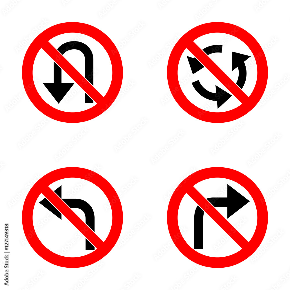 Set of variants a U-Turn forbidden - road sign isolated on white background. Group of as fish-eye, simple and grunge icons for your design. Vector illustration. Set of variants a U-Turn forbidden - road sign isolated on white background. Group of as fish-eye, simple and grunge icons for your design. Vector illustration.