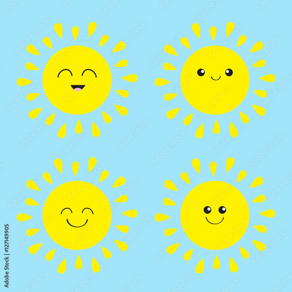Sun shining icon set. Kawaii face with different emotions. Cute cartoon funny smiling character. Hello summer. Blue sky background. Isolated. Baby collection. Flat design Sun shining icon set. Kawaii face with different emotions. Cute cartoon funny smiling character. Hello summer. Blue sky background. Isolated. Baby collection. Flat design