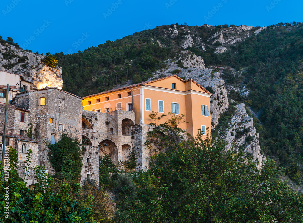 Mountain old village Peille, Provence Alpes, France. Night view