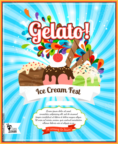 Ice cream fest colorful poster on blue. Vector illustration