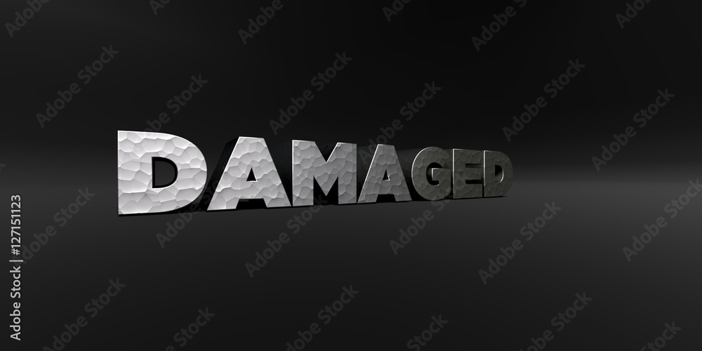 DAMAGED - hammered metal finish text on black studio - 3D rendered royalty free stock photo. This image can be used for an online website banner ad or a print postcard.