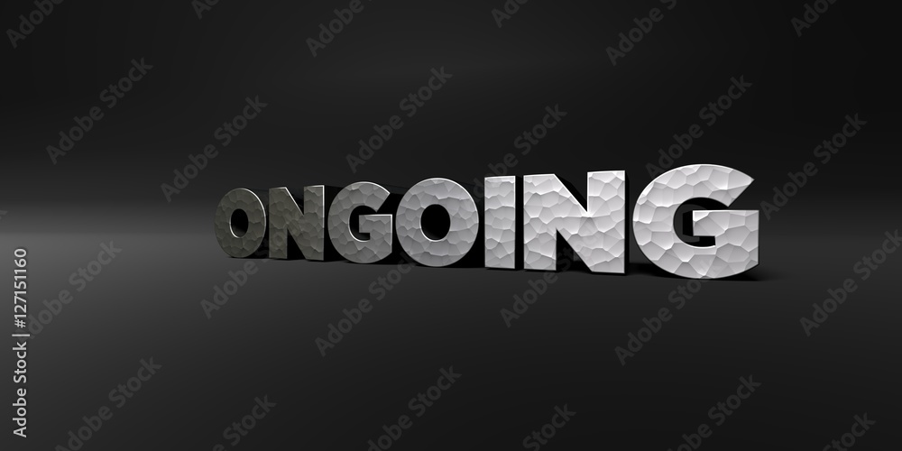ONGOING - hammered metal finish text on black studio - 3D rendered royalty free stock photo. This image can be used for an online website banner ad or a print postcard.