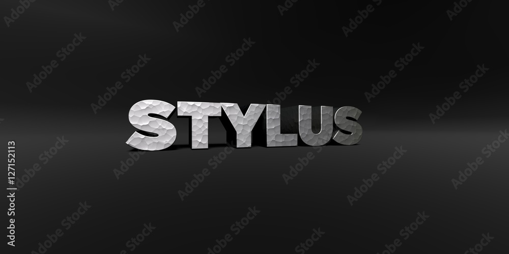 Obraz premium STYLUS - hammered metal finish text on black studio - 3D rendered royalty free stock photo. This image can be used for an online website banner ad or a print postcard.
