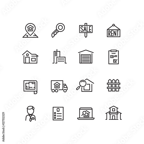 Real estate, house, property for sale, search apartment thin line vector icons